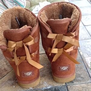UGG Chestnut Suede Boots with Ribbon Accents